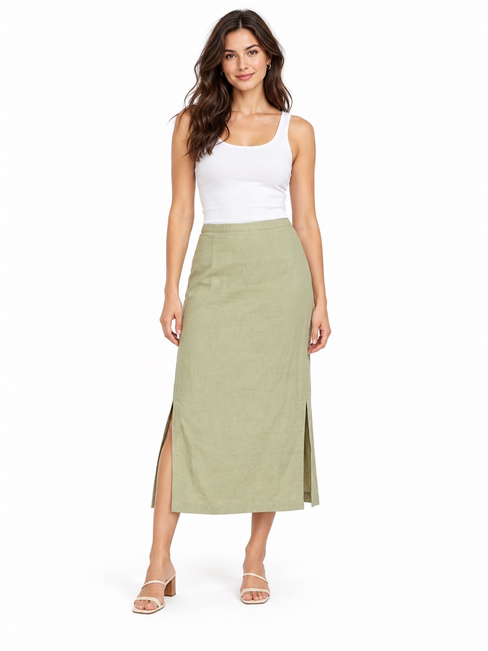 Midi Skirt in Light Olive with Side Slits And Hidden Side Zipper